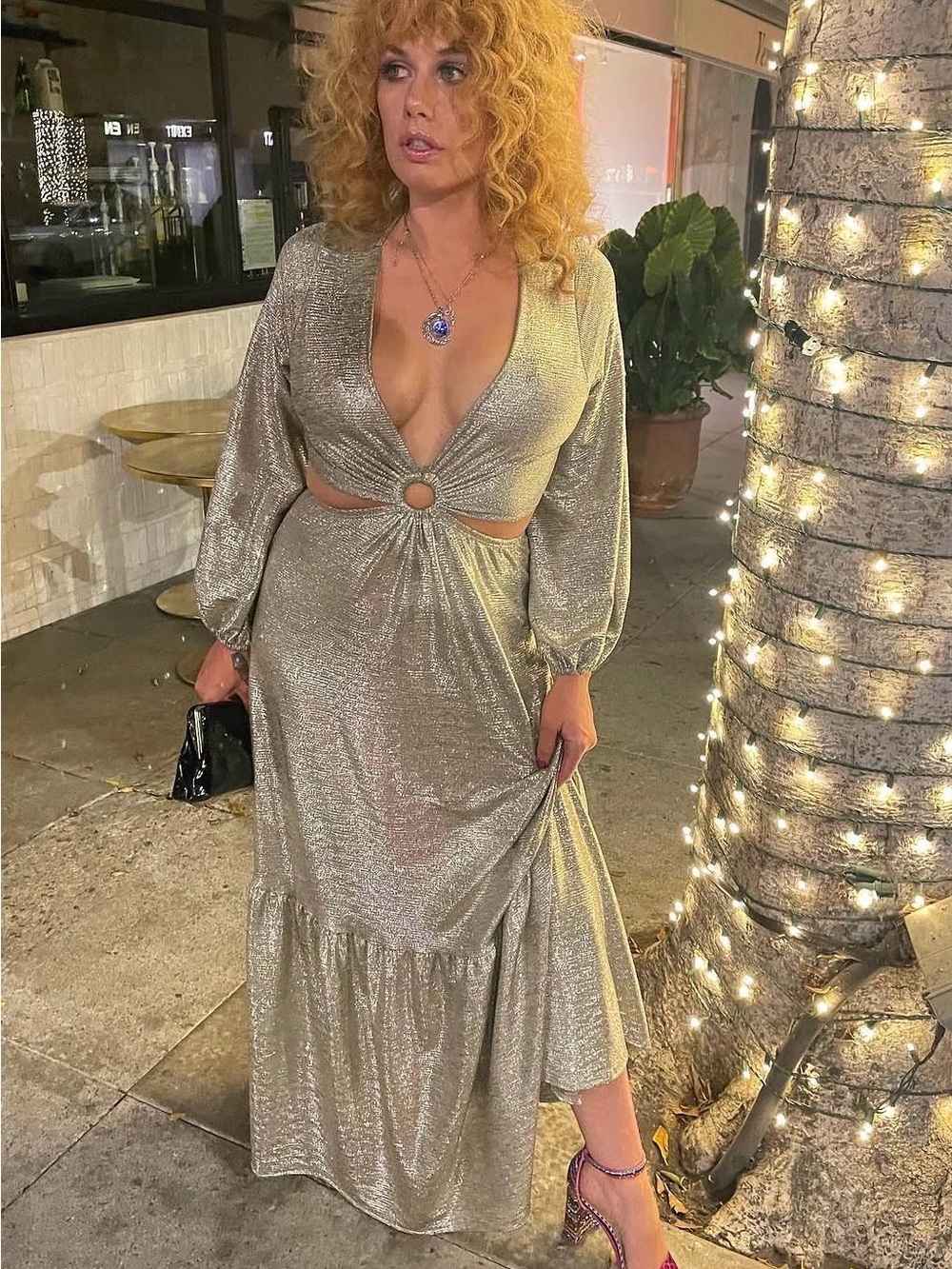 Vici Silver Metallic Balloon Sleeve Maxi Dress
